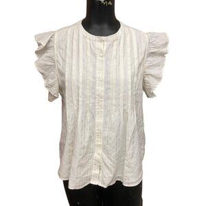 Joe’s Jeans Cream and Gold Pinstripe Ruffle Sleeve Cotton Top Size Large